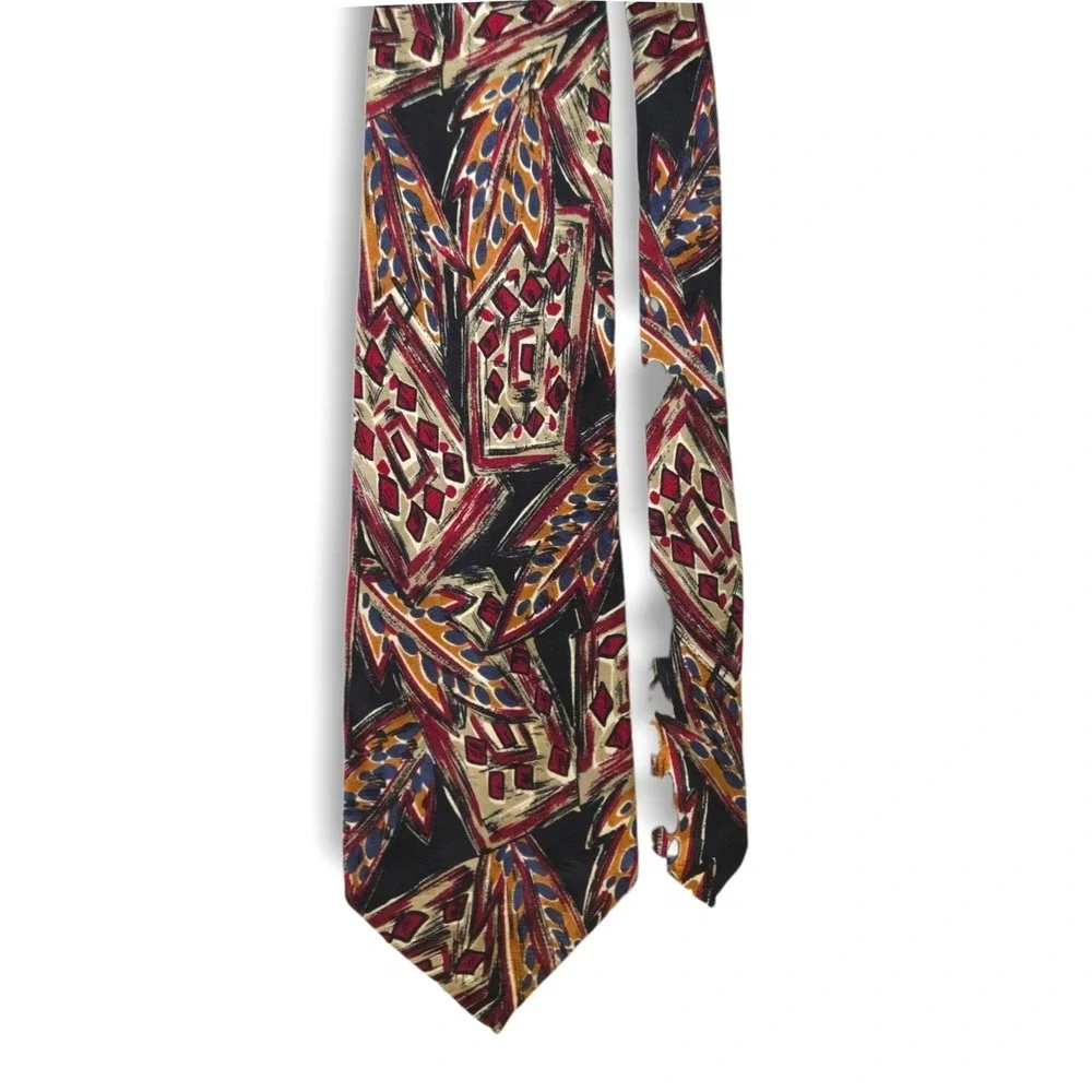 Chez‎ Roffe Silk Necktie Abstract Art Print Black Burgundy Gold Blue Vintage OS